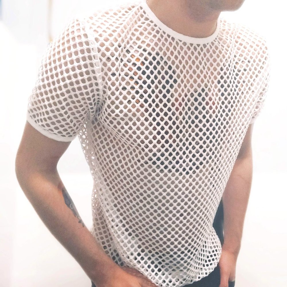 Men's White Mesh See-through Fishnet T Shirt